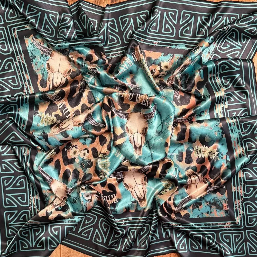 Western Longhorn Print Silky Wild Rag | 36x36 | Black & Turquoise